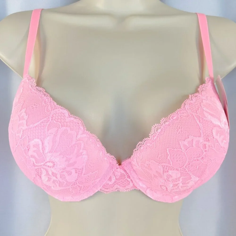 VS Bombshell Inspired Adds 2 Cups Ultimate Pushup Bra 34C Pink Lace - Picture 2 of 6